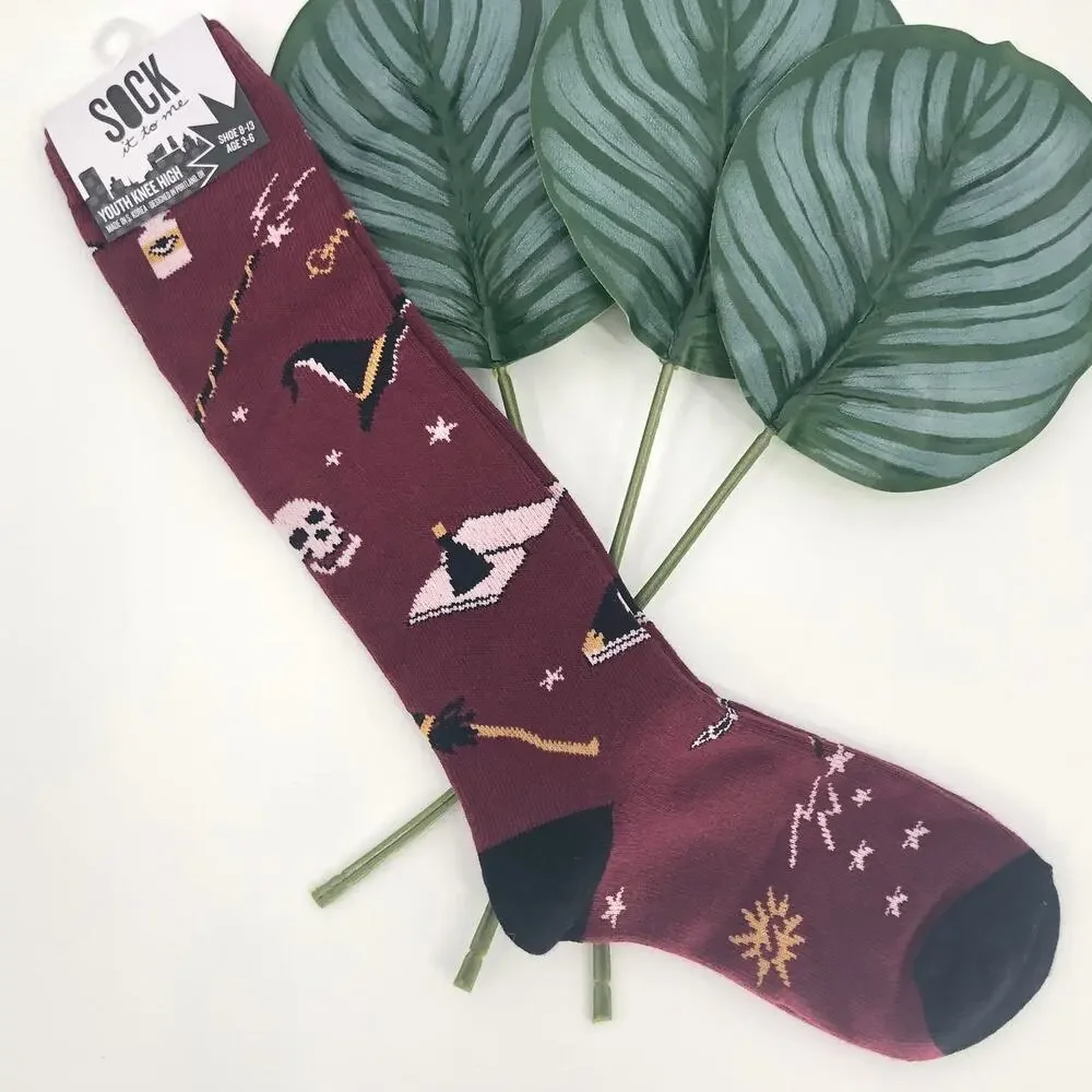 Sock It To Me Maroon Red Black Magic Hat Moon Spell Halloween Kids Knee Socks